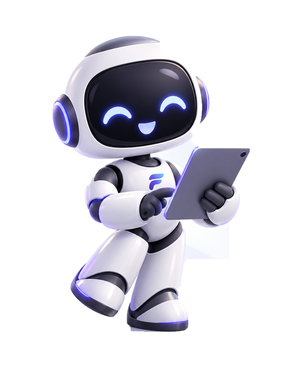 Mascote oficial Fluxi segurando um tablet